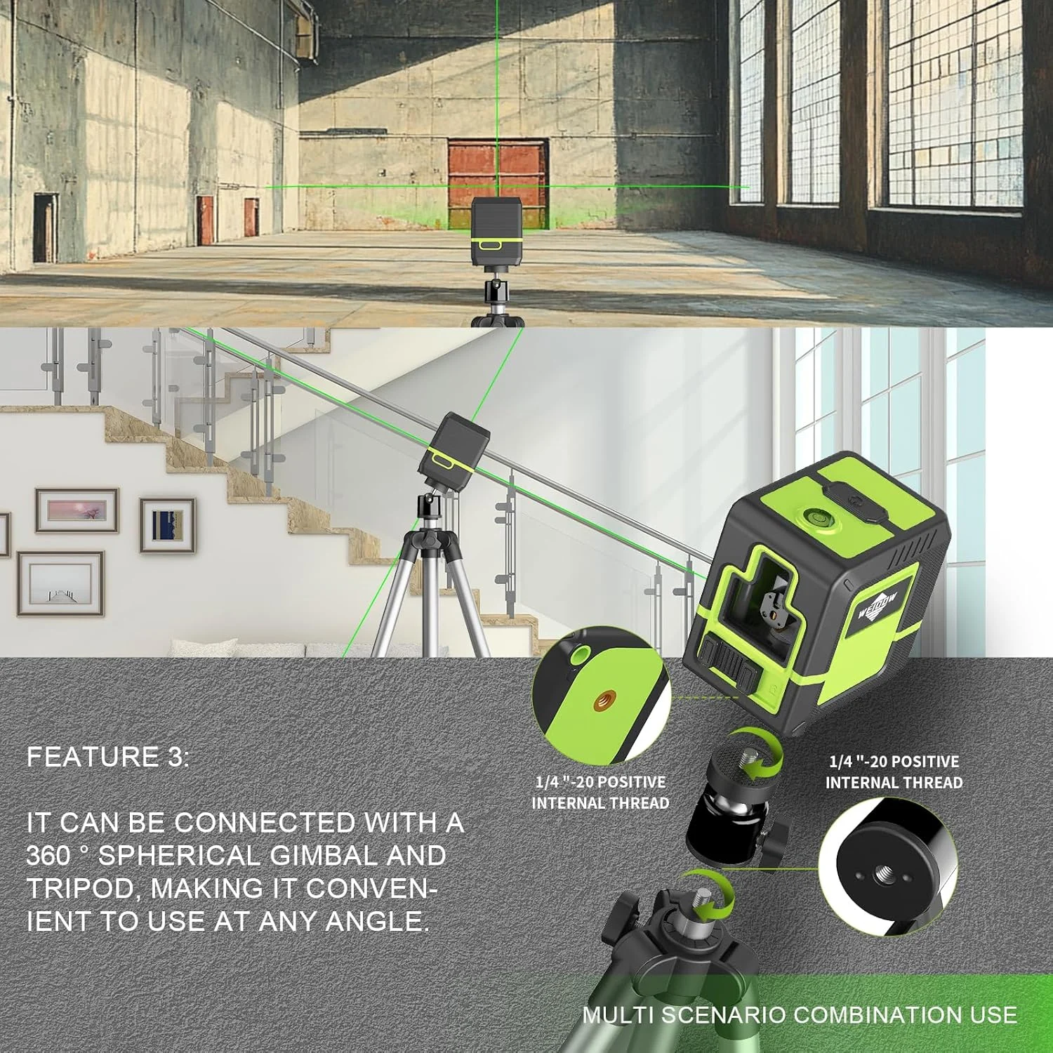 Weiddw 2 Lines Professional Laser Level with Tripod 360°Self Leveling Cross Green Line Horizontal and vertical Laser Level Tools - Image 4