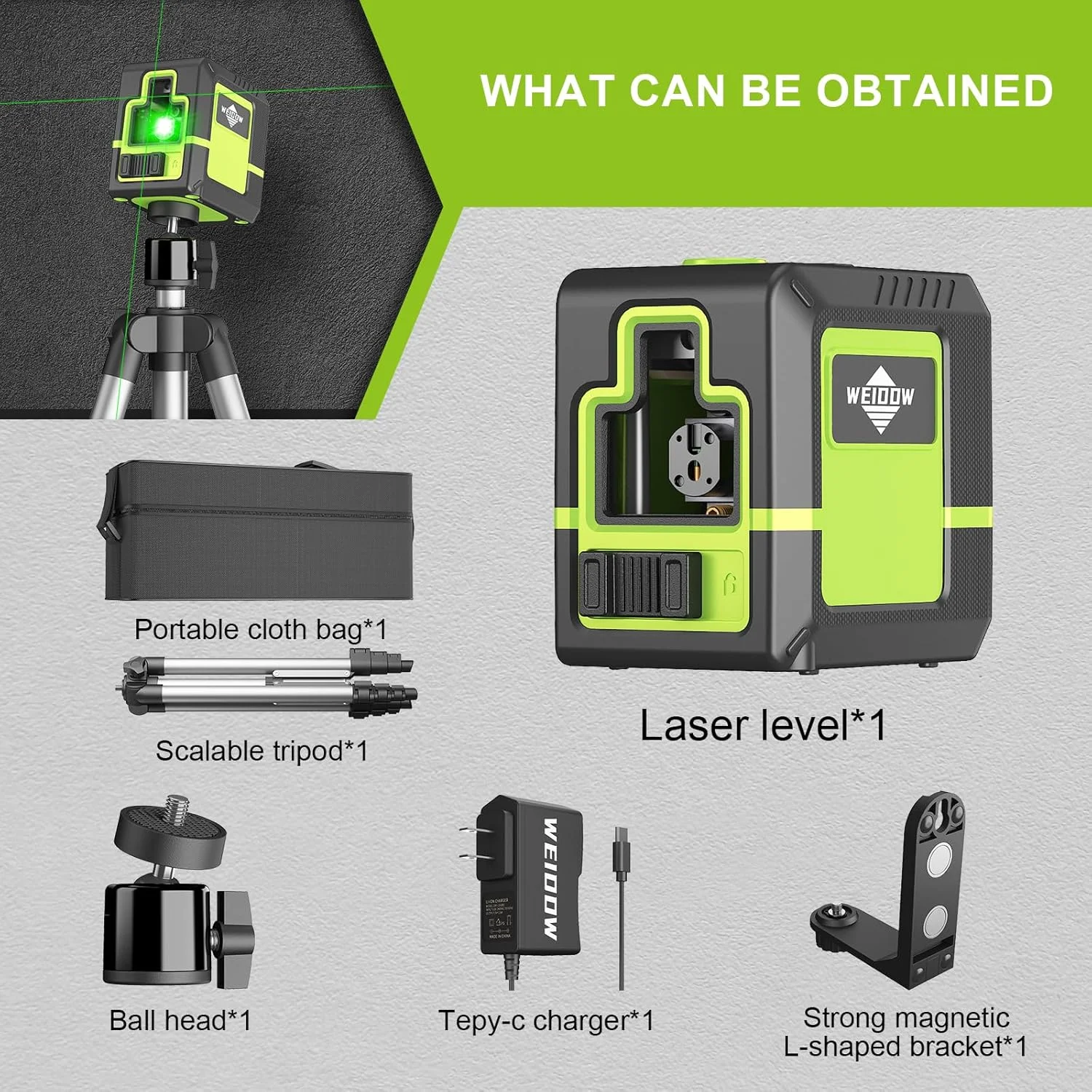 Weiddw 2 Lines Professional Laser Level with Tripod 360°Self Leveling Cross Green Line Horizontal and vertical Laser Level Tools - Image 6