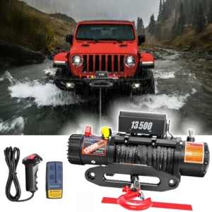 12V Electric Winch, 13500 Load Capacity Synthetic Rope Towing Winches for Jeep Truck SUV,with Wired Handle and Wireless Remote